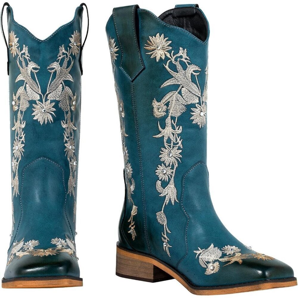 SheSole Womens Blue Floral Square Toe Cowboy Boots Cowgirl Boots Wide Calf - Picture 5 of 9
